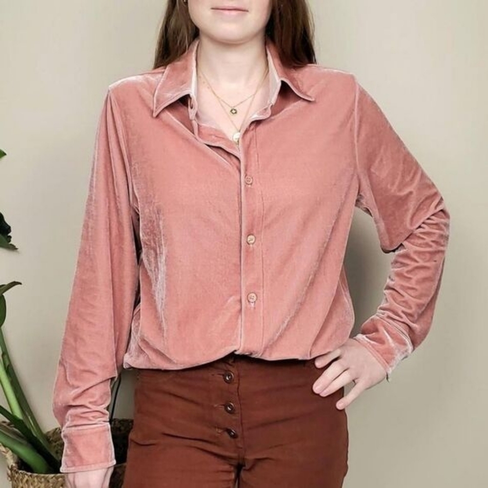 Soft Surroundings Women's Dust Rose Pink Velvet Boyfriend Tunic Shirt Small